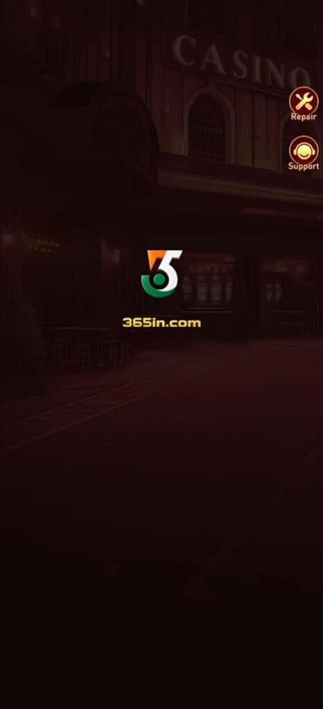 365IN Game app logo with stylish 3D number design, black background, gold border, soccer ball, dice, and slot machine icons.